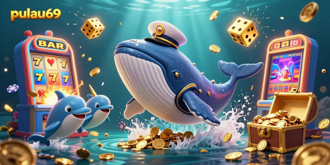 Experience pulau69 with a playful dolphin and a cartoon whale amidst a vibrant casino scene.