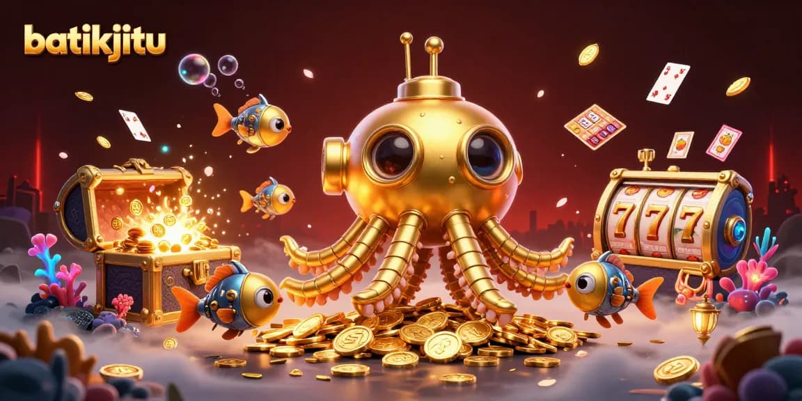 Batikjitu, satu agen game online terkenal, menampilkan kru ikan mekanik dan harta karun di lautan koin emas.