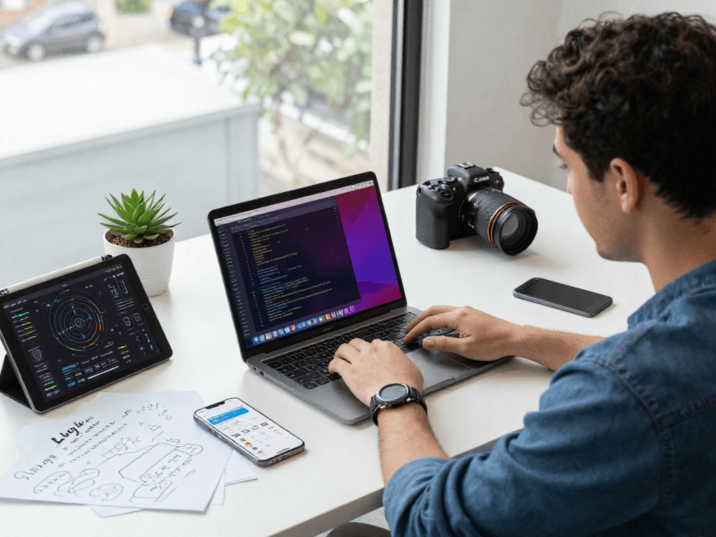 Seorang developer sedang bekerja dengan wifi4d di ruang kerja modern dengan laptop dan tablet analisis jaringan.