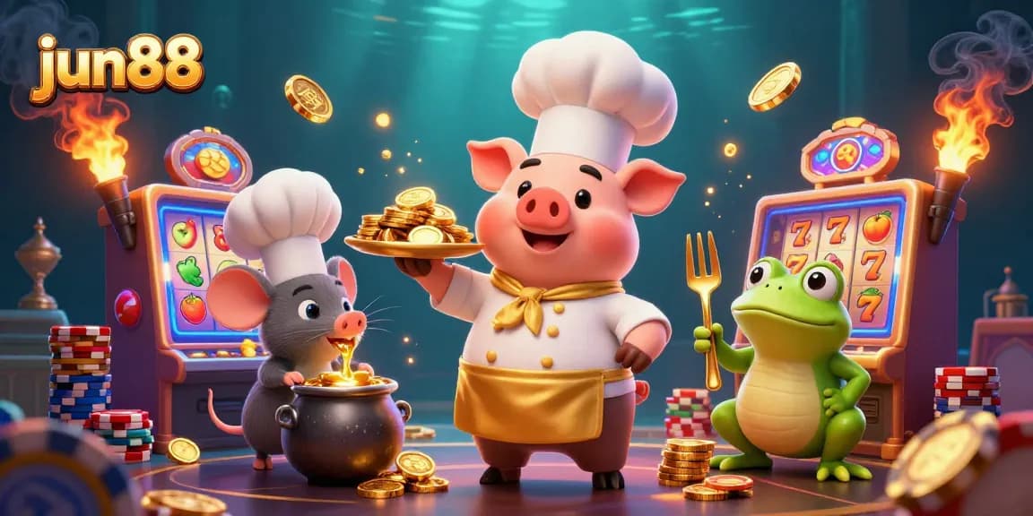 Experience thrilling wins with jun88 as chef pig serves gold coins amid vibrant slot games.
