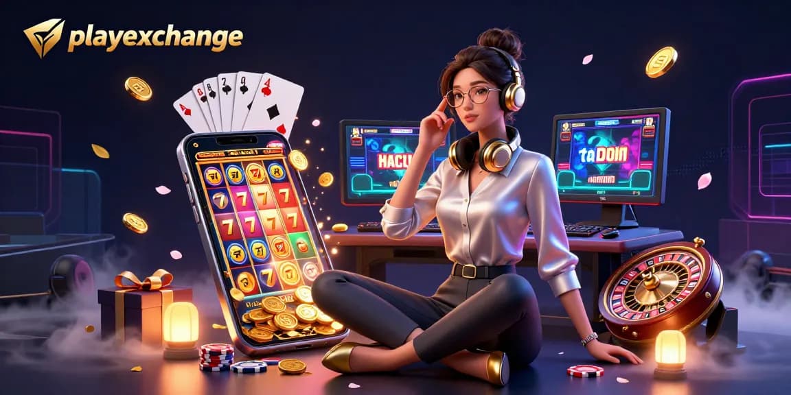 Engage with playexchange in a vibrant scene depicting a woman at a gaming setup with slot games, poker, and roulette.