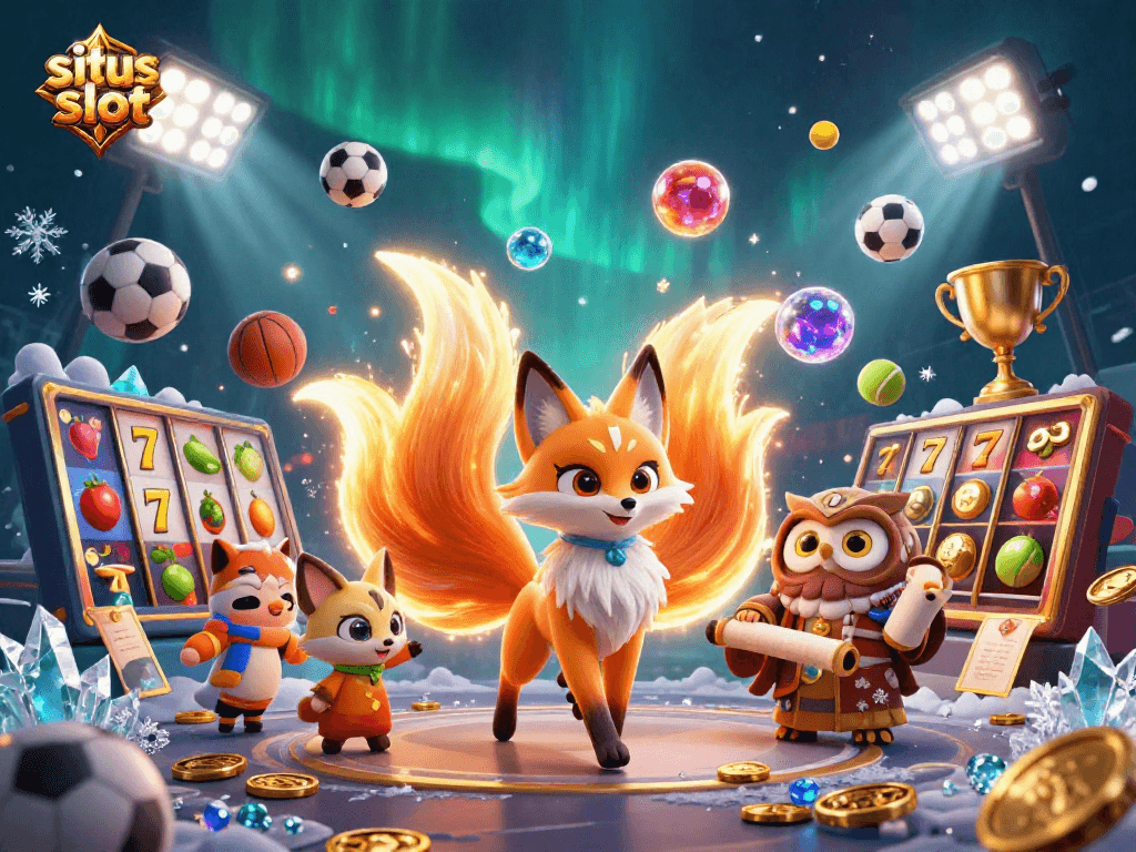 Engage with situs slot through an electrifying scene featuring a nine-tailed fox, wise owl, and vibrant slot game elements.