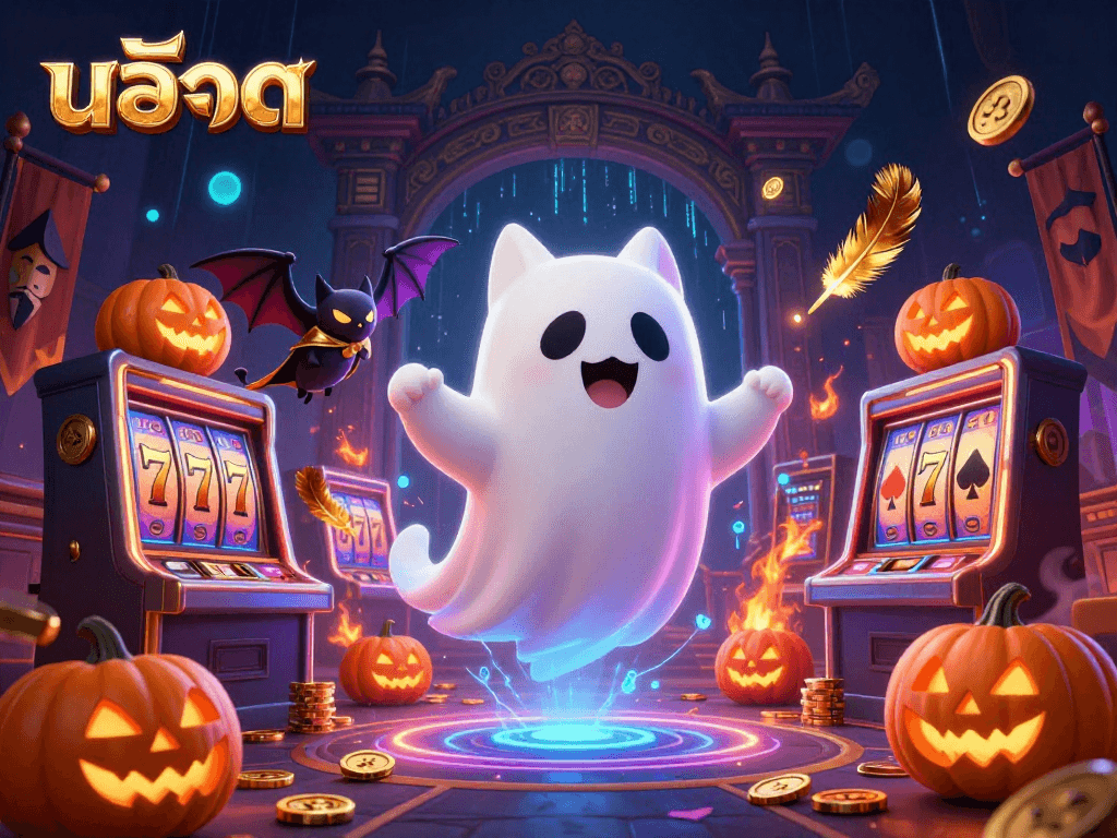 Engage with vibrant สล็อต elements featuring a friendly ghost cat and glowing poker suit jack-o-lanterns in a haunted casino.