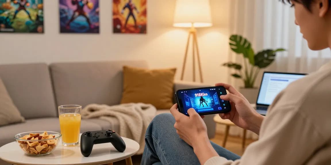Enjoying the 918kiss original gaming experience on a smartphone in a cozy home setup.