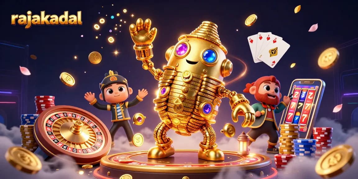 Mainkan rajakadal dengan golem emas dan mesin slot menyala di latar belakang yang megah.