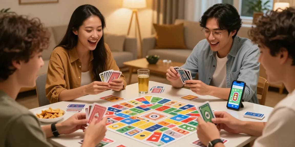 Join game action in a lively living room scene with friends enjoying Card Rummy.
