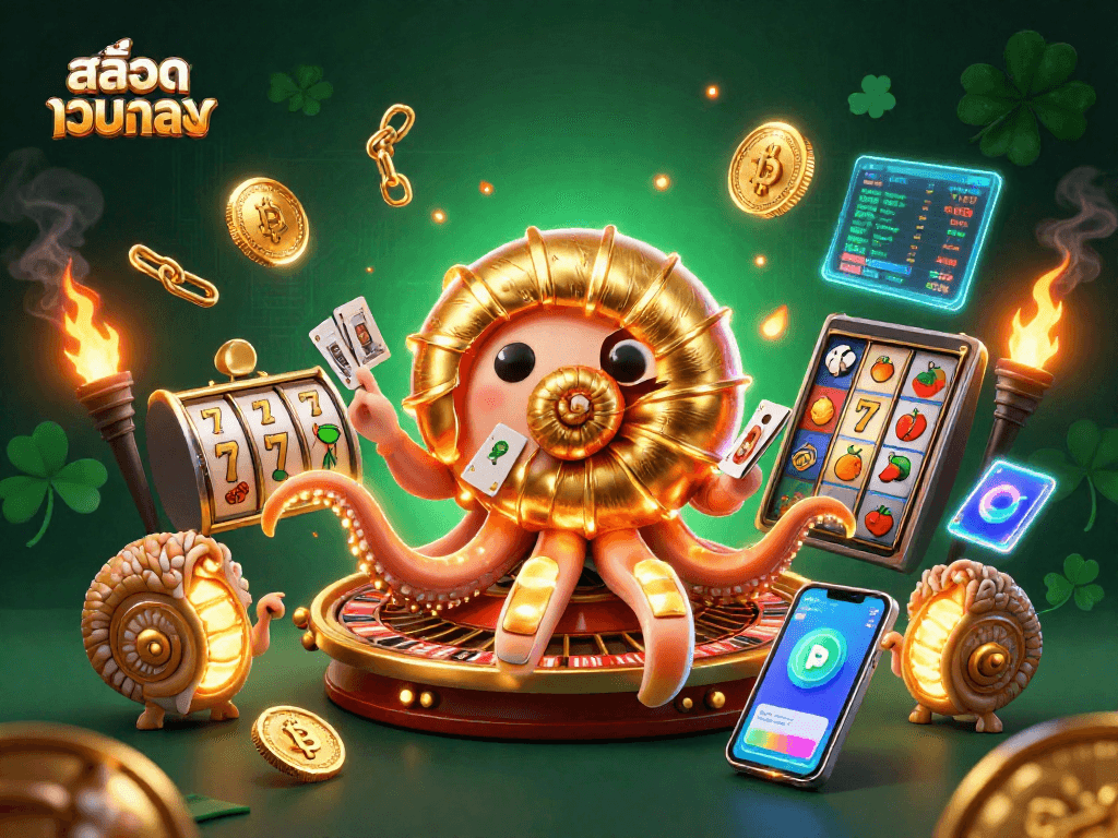 Play at สล็อตเว็บตรง with a vibrant 3D scene featuring a nautilus roulette wheel and crypto coins.
