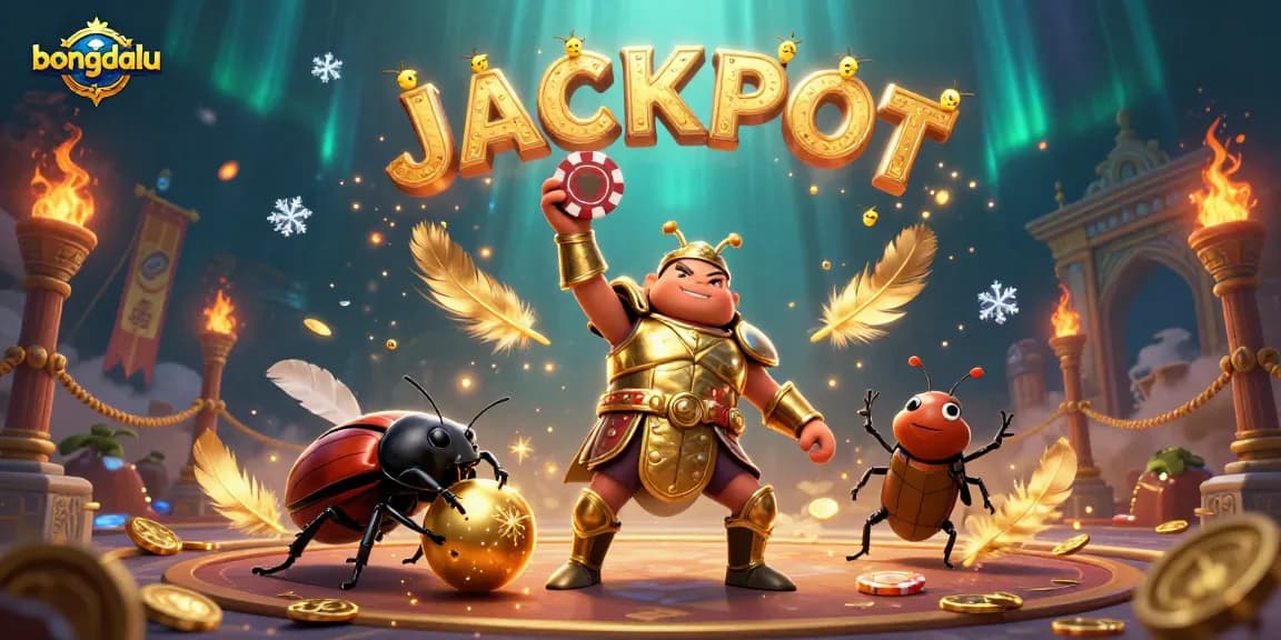 Engage with bongdalu's vibrant casino world featuring a victorious beetle champion amidst stunning gambling elements.