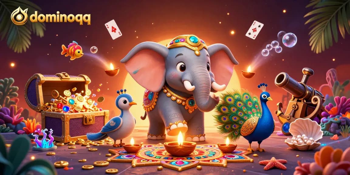 Play exciting dominoqq games surrounded by colorful elements, gold coins, and festive characters