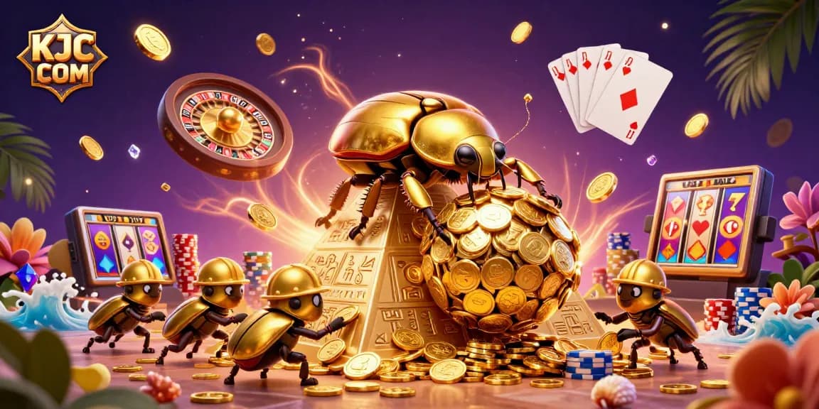 KJC COM showcases a vibrant gaming universe with a golden beetle rolling coins in a dynamic casino scene.
