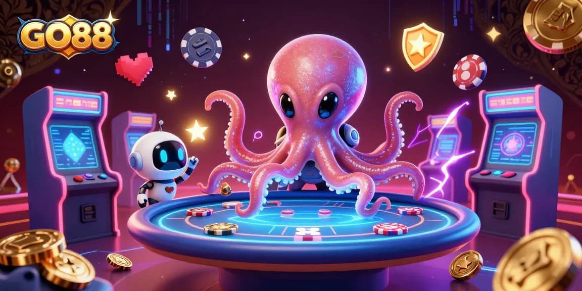 Join the excitement at GO88 with an alien octopus managing a holographic poker table surrounded by vibrant casino elements.