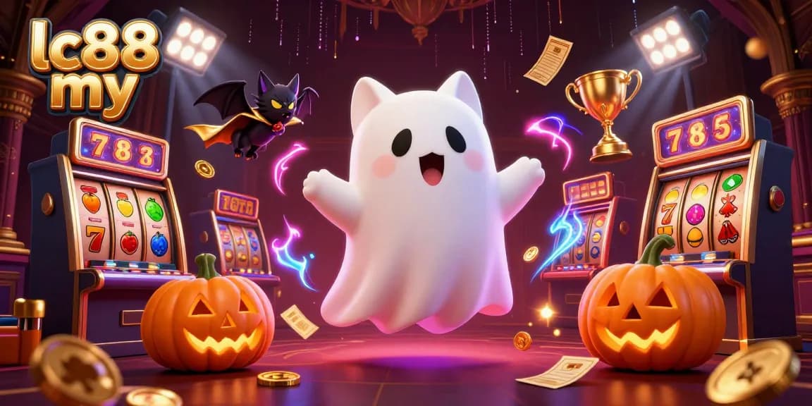 Play and win at lc88 my with the ghost cat in an exciting casino scene, featuring vibrant elements and floating jackpots.