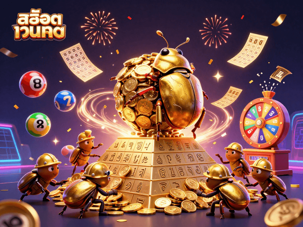 Engage with สล็อตเว็บตรง as golden beetles roll coins on a pyramid, surrounded by vibrant lottery elements.