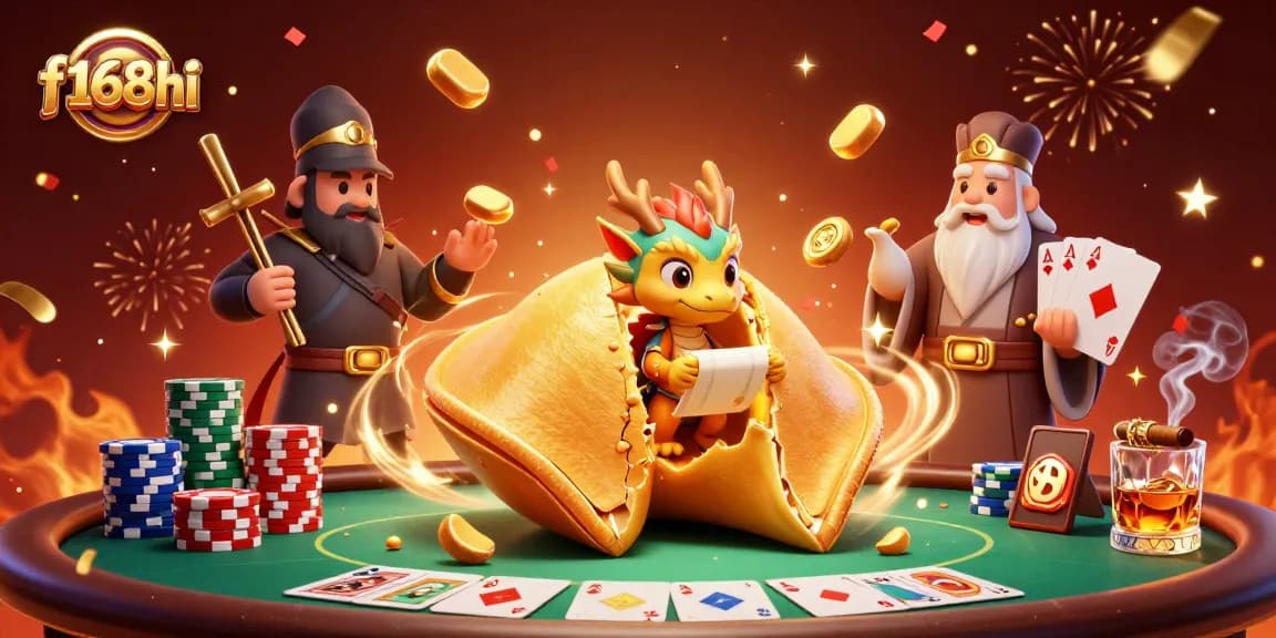 Engage with f168hi’s vibrant casino world featuring a golden fortune cookie and dynamic gambling elements.