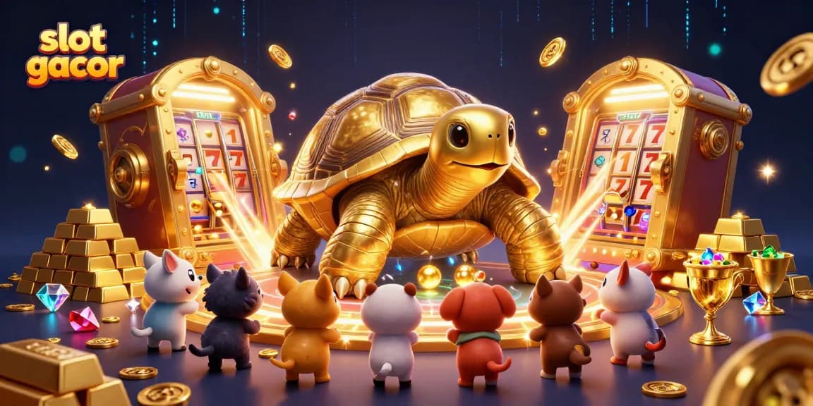 Play slot gacor with lively characters in a detailed casino illustration featuring treasure and game elements.