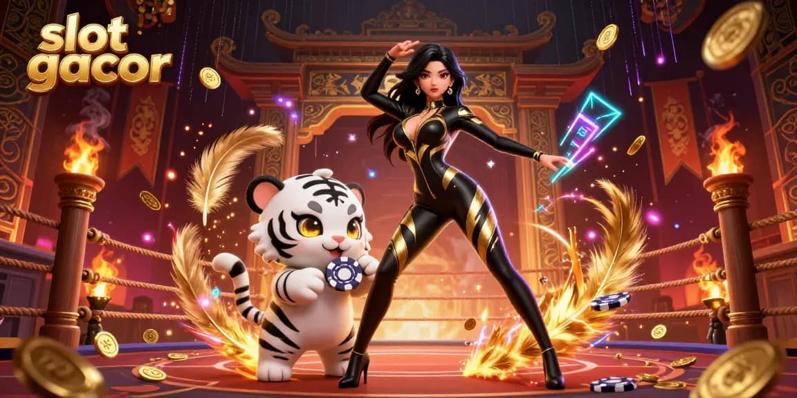 Experience the excitement of slot gacor in an energetic 3D casino illustration featuring dynamic characters.