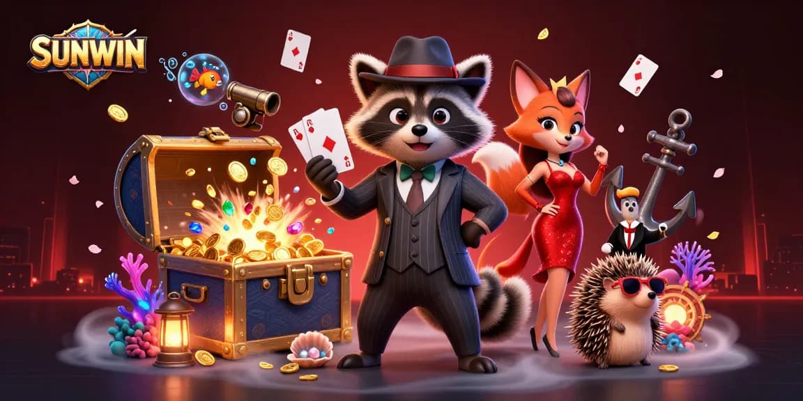 SUNWIN engages players with a lively scene featuring a raccoon in a suit, a dazzling fox, and a bouncer amidst treasures and playful casino elements.