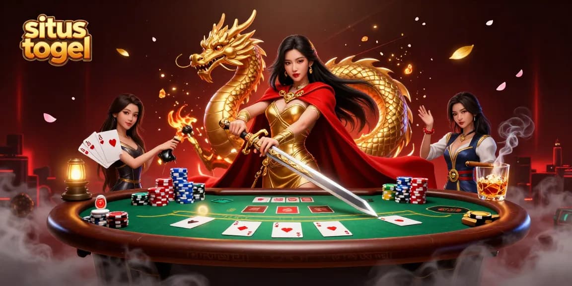 Situs togel illustration featuring an Asian warrior queen with gambling elements, poker chips, and luminous effects.