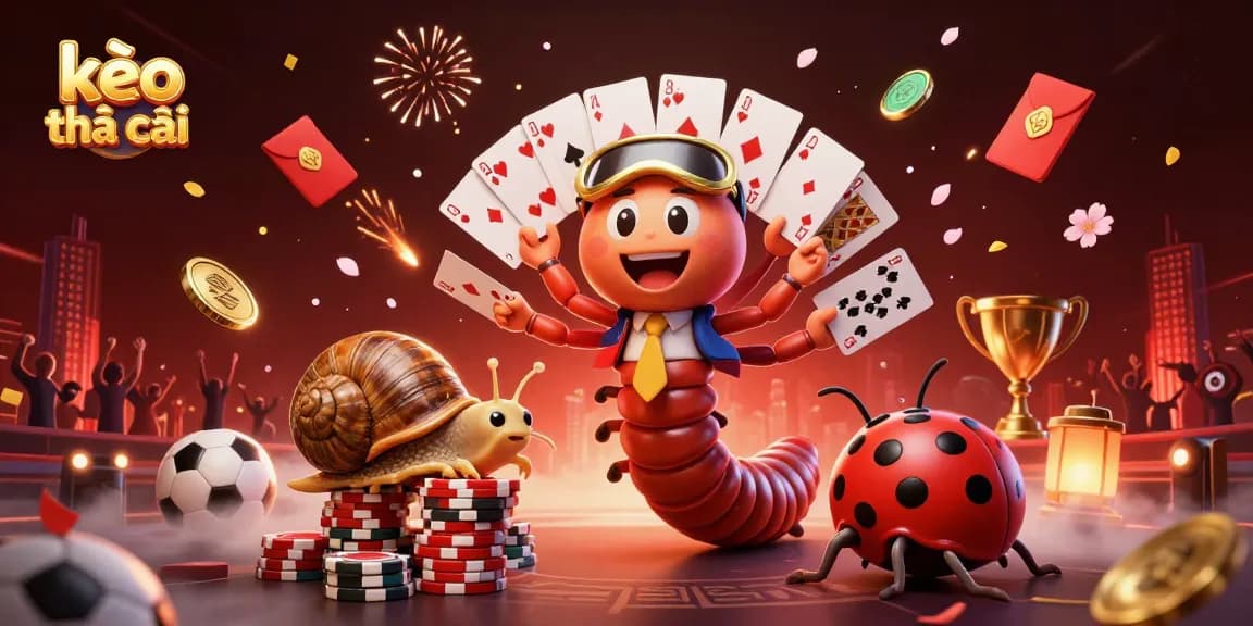 Engaging kèo nhà cái scene with a 3D dealer, a high-roller snail, and a bug - exciting sports betting atmosphere