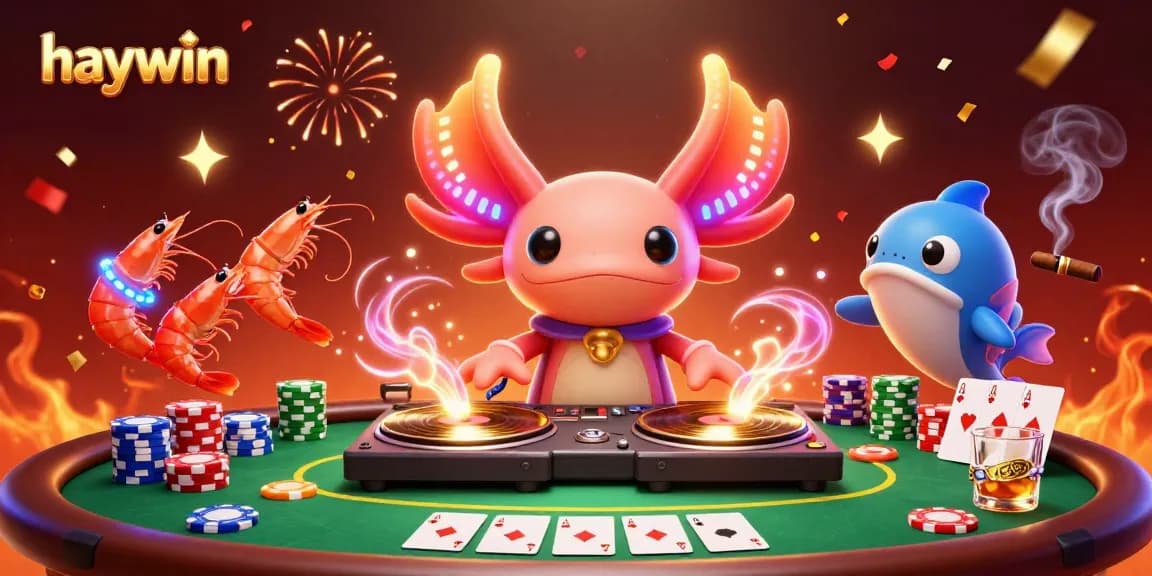 Experience the vibrant world of haywin as colorful axolotls and shrimp bring excitement to a dynamic poker scene.