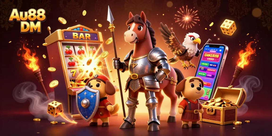 Experience thrilling gameplay at Au88 DM with a vibrant scene of knights, jackpots, and gaming elements.