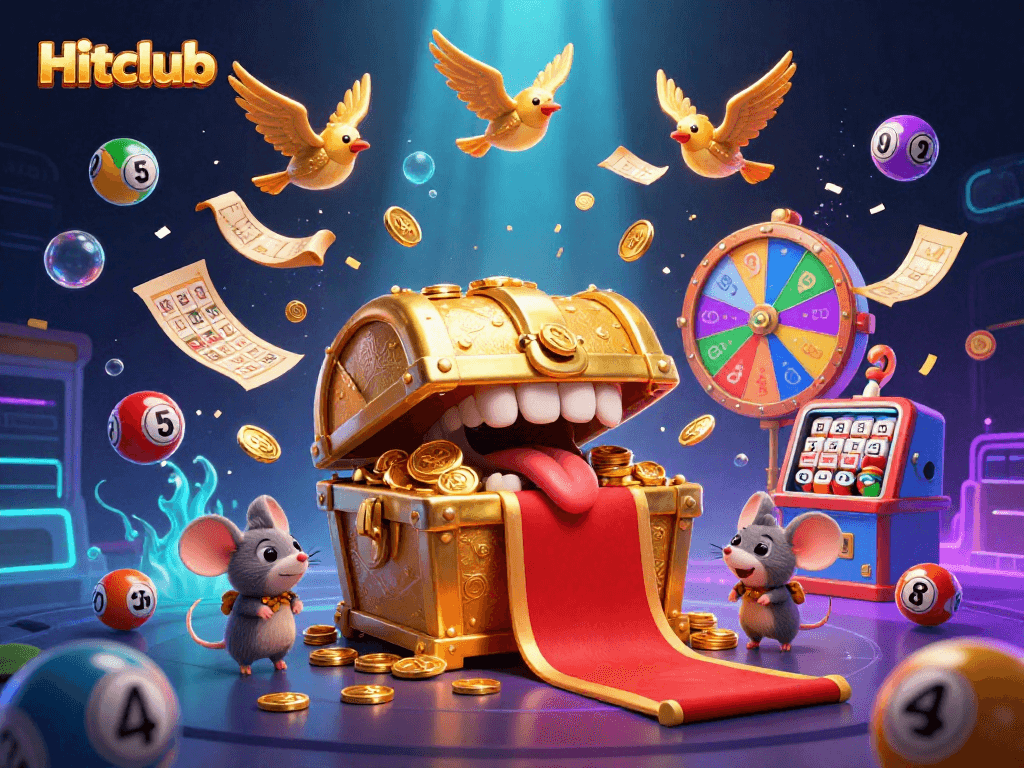 Join the excitement at Hitclub with vibrant lottery balls, a treasure chest, and thrilling prizes!