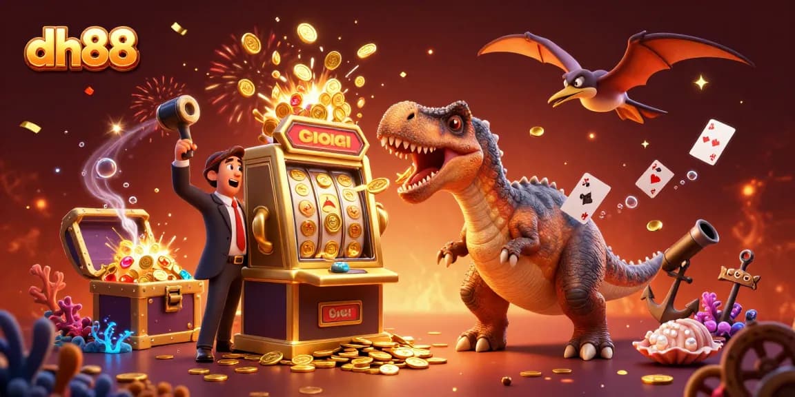 dh88 showcases a pachycephalosaurus hitting a slot machine for jackpot coins in a vibrant casino