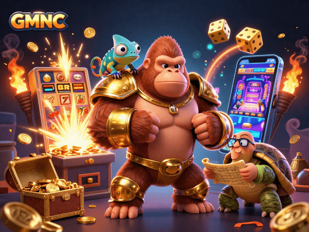 Experience thrilling gameplay with GMNC's exciting slot machine and dynamic characters in a vibrant 3D casino.