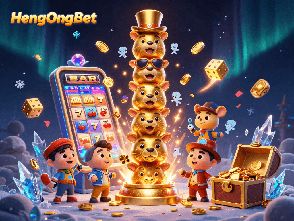 HengOngBet showcases a vibrant 3D illustration of a totem pole with casino-themed animal faces and dynamic game elements.