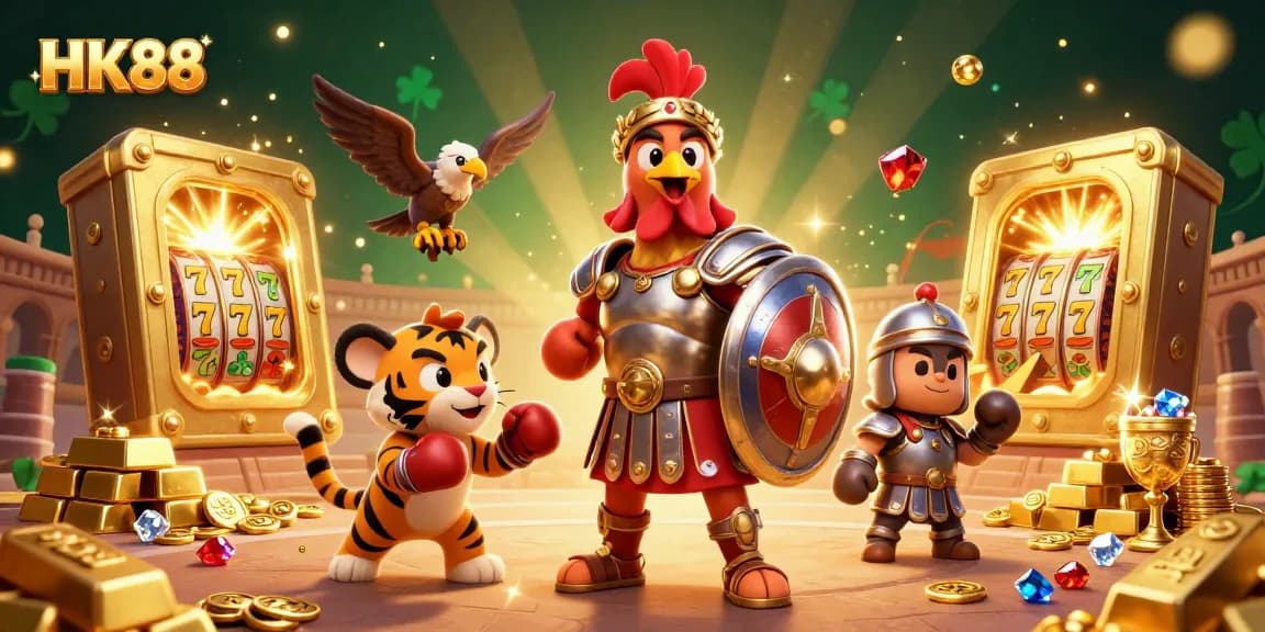 Engage with HK88's thrilling casino experience featuring an imaginative gladiator rooster, tiger cub, and treasures.