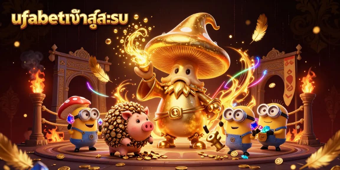 Experience ufabetเข้าสู่ระบบ with a magical mushroom wizard and treasure elements in a vibrant casino illustration.