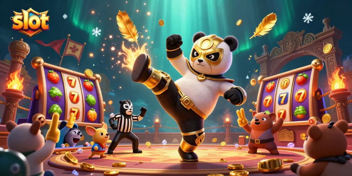 Permainan slot dengan panda pejuang terbang dan penonton hewan kecil bersorak.