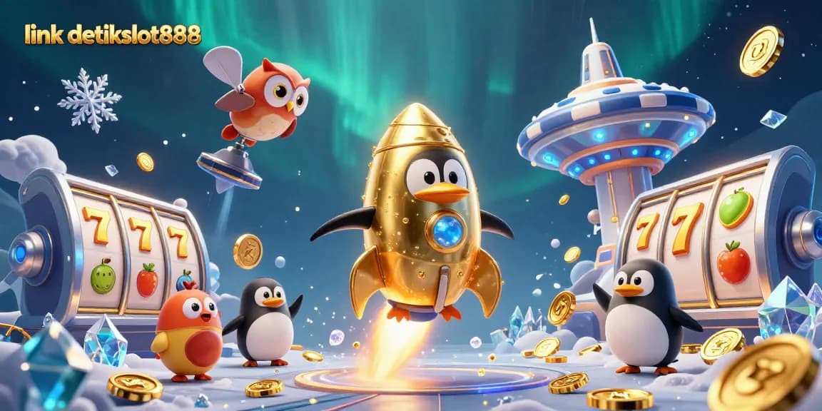 Win big at link detikslot888 with our vibrant 3D casino illustration featuring slots and golden coins.