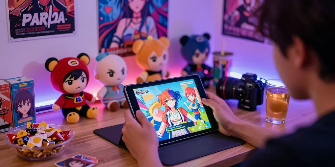 Player enjoying hentai games on a tablet in a cozy gaming nook with snacks and vibrant decor.