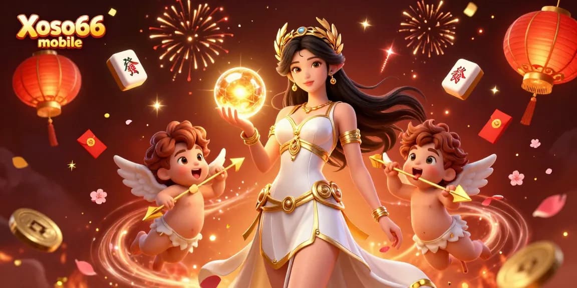 Experience Xoso66 mobile's vibrant lottery adventure with cherubs, festive elements, and a radiant goddess.