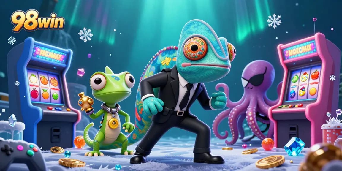 Experience thrilling gaming adventures at 98win with vibrant casino elements and engaging characters.