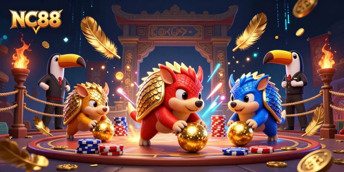 Engage in exciting gameplay at NC88 with animated pangolin rivals rolling through poker chips and gold coins.
