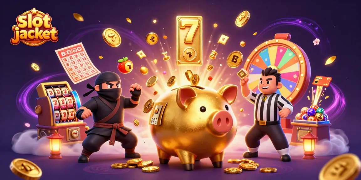 Experience the thrill of slot jackpot gaming with dynamic golden piggy bank wrestler and colorful game elements.
