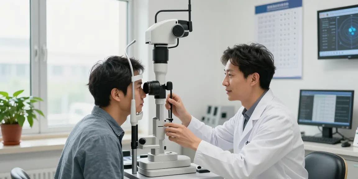 SNU Eye Clinic eye examination scene with advanced diagnostic tools and a healthcare professional assisting a patient.