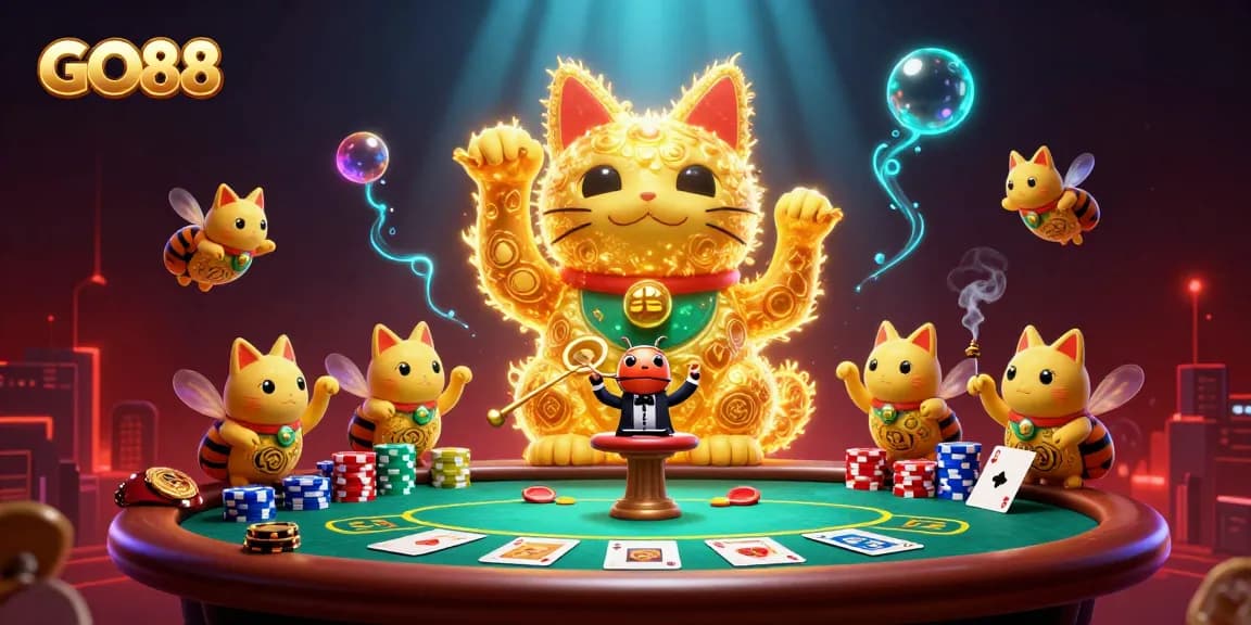 Spin the reels and enjoy GO88's exciting gameplay featuring a dynamic lucky cat and poker elements.
