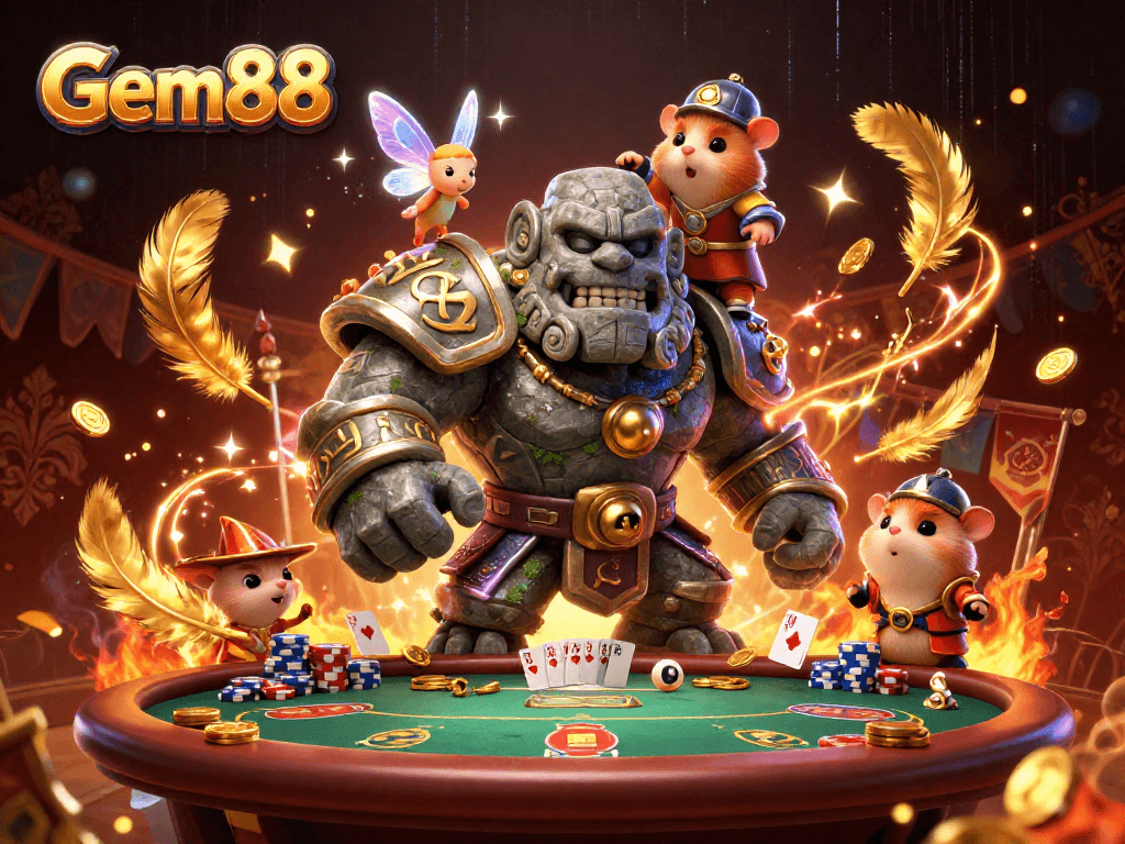 Experience Gem88’s thrilling poker scene with magical creatures and vibrant elements.