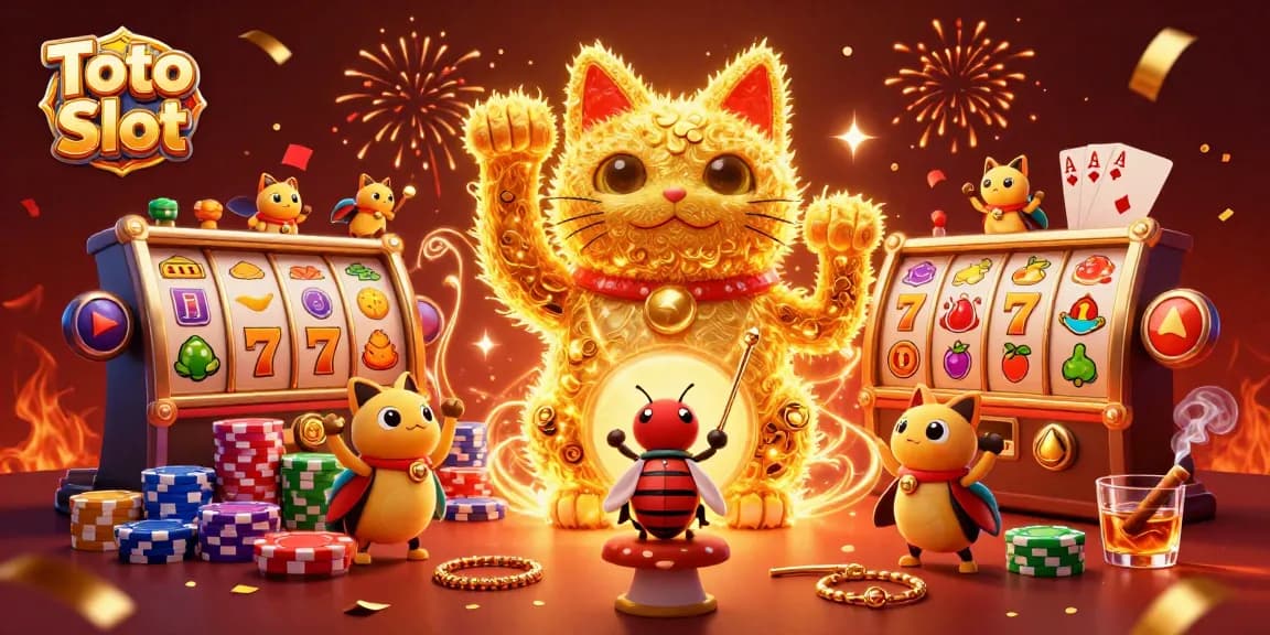 Menangkan Toto Slot dengan simbol keberuntungan dan kucing beruntung dalam suasana ceria.