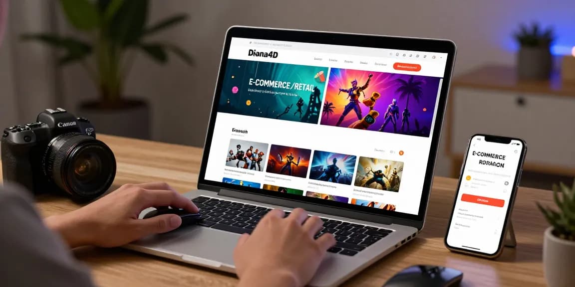Pengguna menjelajahi Diana4D, situs game online, dengan laptop dan smartphone, dalam suasana nyaman.