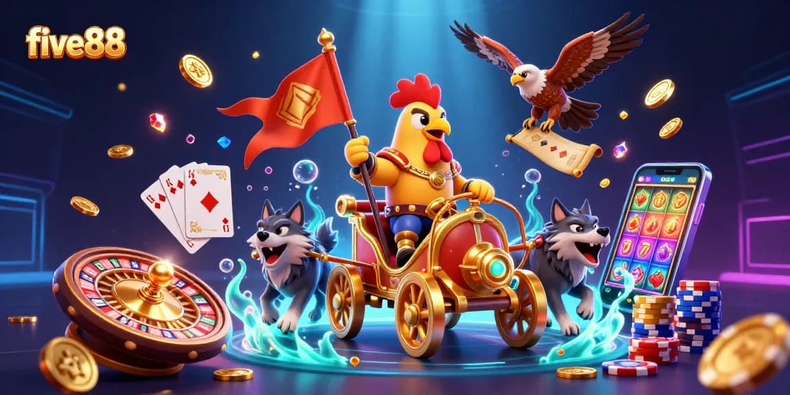 Experience the excitement of five88 as the rooster warlord leads the cash-filled casino battle.