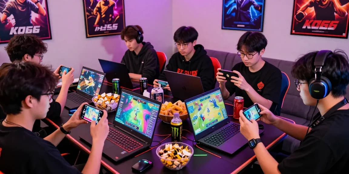 Exciting group gaming moment with KO66 mobile app, vibrant lighting, and engaged players.