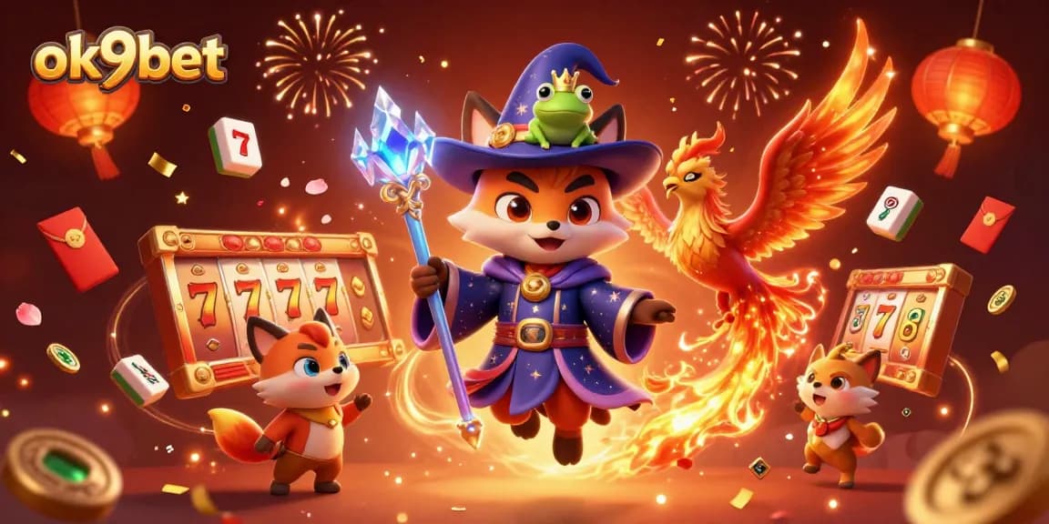 Engage with thrilling games at ok9bet, featuring a vibrant 3D casino illustration with exciting characters.