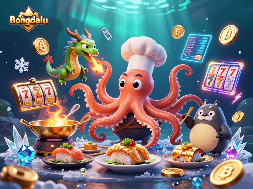 Bongdalu offers a vibrant underwater casino scene with a sushi octopus, dragon, and tanuki amidst animated slot elements.