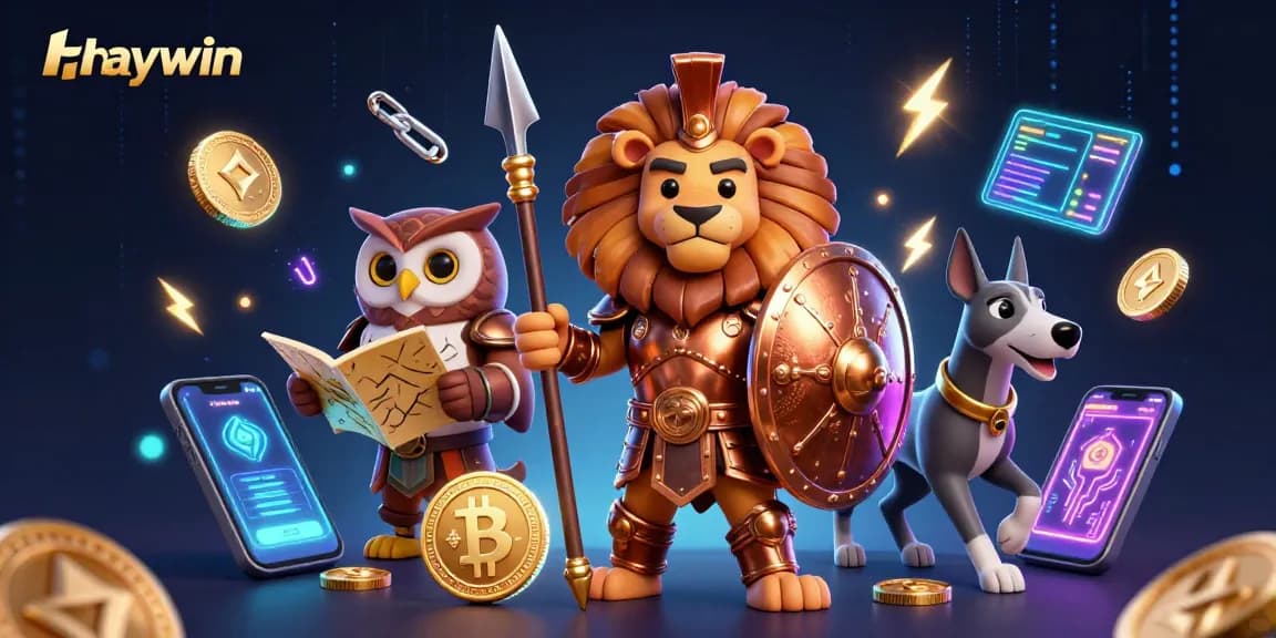 Experience thrilling gaming with Haywin's vibrant 3D digital casino scene featuring unique characters and crypto elements.