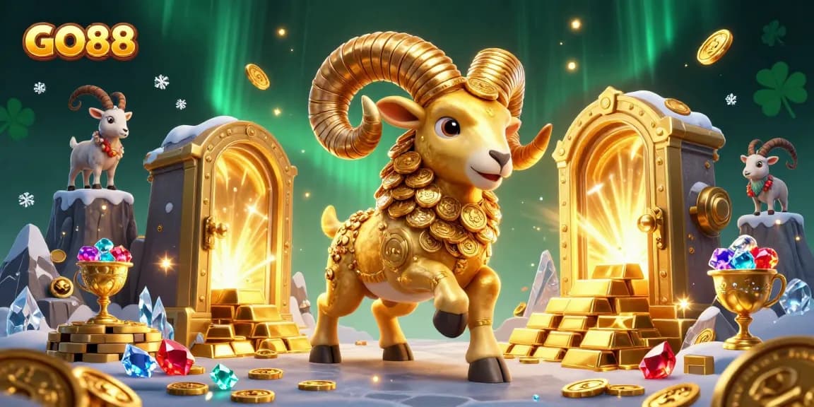 Experience GO88's thrilling gaming scene with a golden ram charging at a treasure vault, symbolizing jackpot excitement.