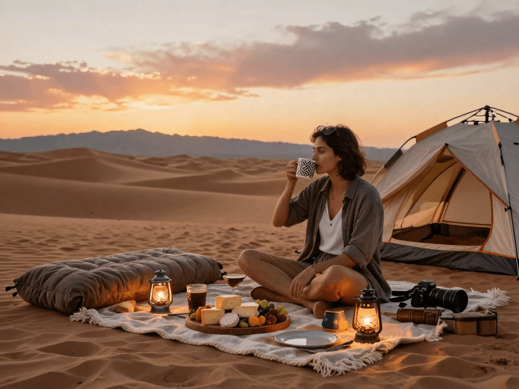 Pengalaman glamping mewah LUXURY111 di gurun, menikmati pemandangan dan kopi dalam suasana tenang.